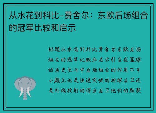 从水花到科比-费舍尔：东欧后场组合的冠军比较和启示