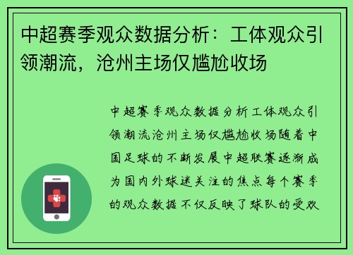 中超赛季观众数据分析：工体观众引领潮流，沧州主场仅尴尬收场