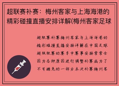 超联赛补赛：梅州客家与上海海港的精彩碰撞直播安排详解(梅州客家足球队2020赛程)