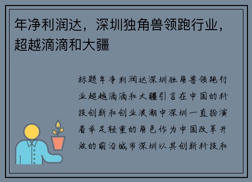 年净利润达，深圳独角兽领跑行业，超越滴滴和大疆